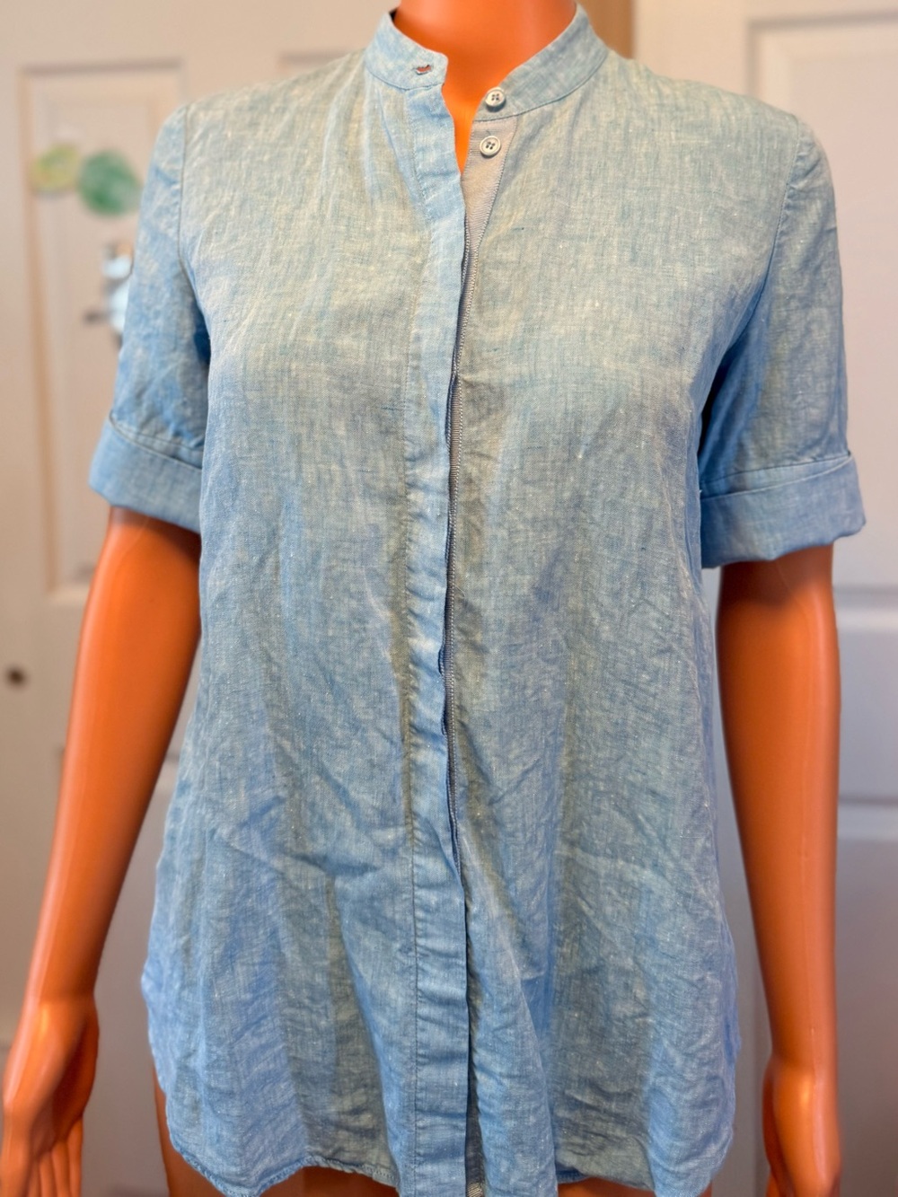 Lafayette  148 Pale Blue Linen Tunic Top Stand Collar Short Sleeve Size P